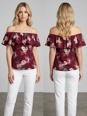 Arabella Floral Off-the-Shoulder Ruffle Blouse - Burgundy